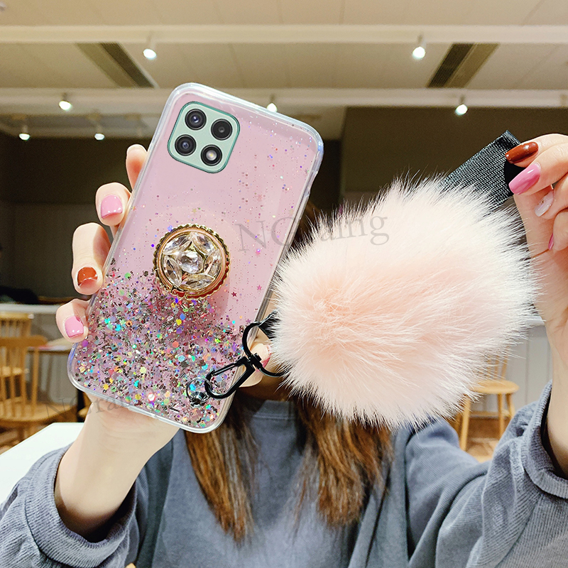 Handphone case for Samsung Galaxy A22S A22 4G 5G soft tpu Luxury Rhinestone Ring Holder Hariball With strap: Samsung A22 5G / Pink