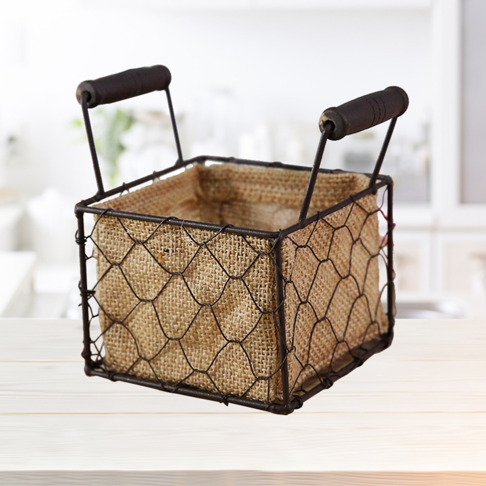 Retro stoffen mand landelijke stijl opbergmand bloemenmand draad vierkante mand met handvatten woondecoratie ornament