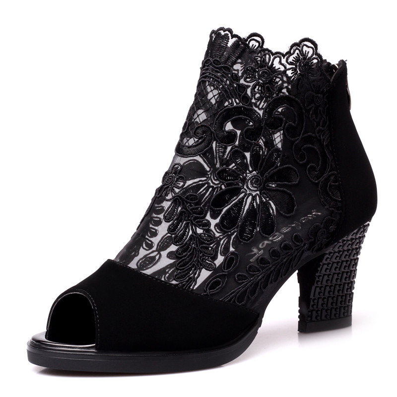 USHINE 5363 Hak 7 cm Zwart Rood Kant Outdoor Indoor Moderne Square Dance Schoenen Buck Zip Ballroom Latin Dance Schoenen vrouwen: Black / 8