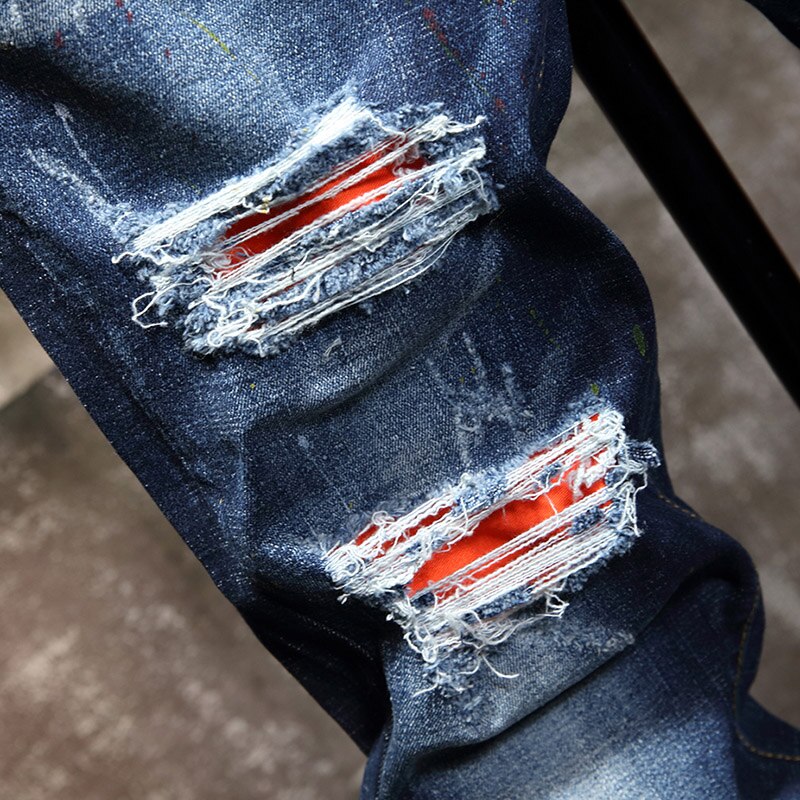 Spring Men's Blue Ripped Jeans Color Splash Ink Denim Trousers Motorcycle Punk Red Patchwork Jeans Streetwear