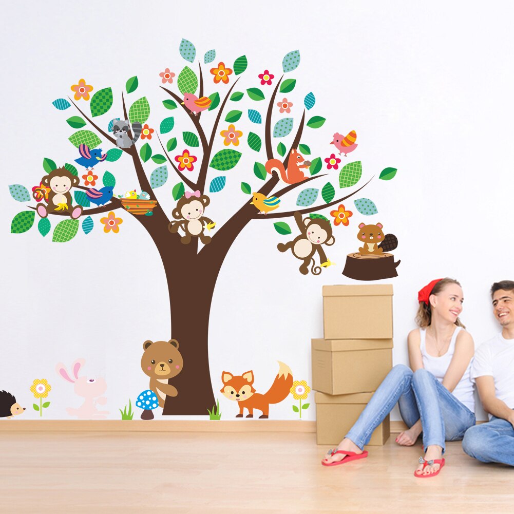Bos dieren aap play onder bloem boom muursticker voor kids baby nursery kinderkamer decoraties decor thuis decal