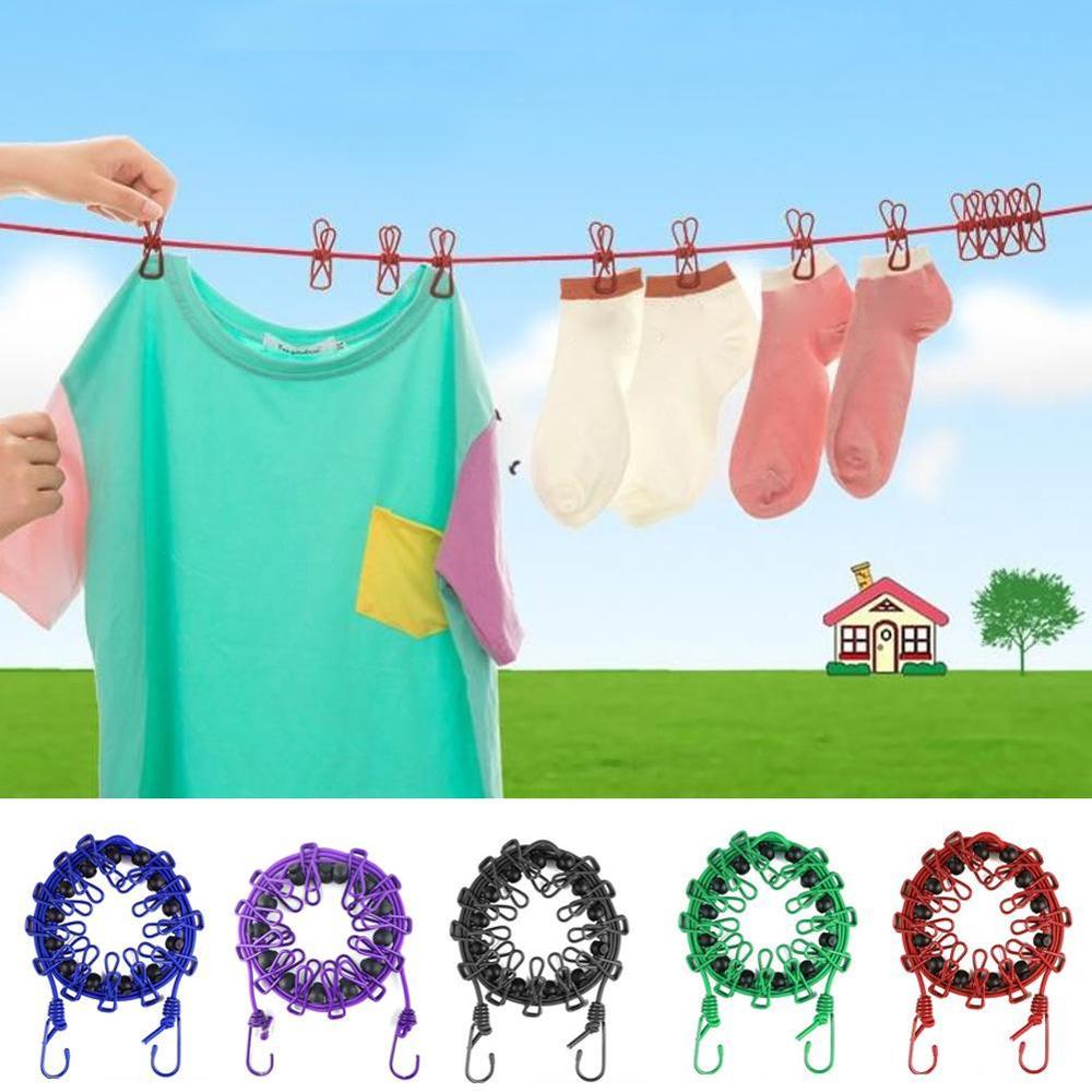 Solid Portable Travel Clothesline for Home Hotel Camping Indoor Outdoor Adjustable End Hooks 12 Clothespin Movable Locking Beads