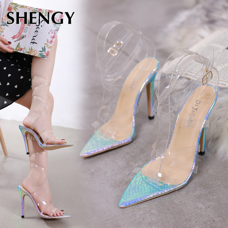 Women 12cm Pumps Celebrity Wearing Simple Style PVC Clear Transparent Strappy Buckle Sandals High Heels Party Wedding Shoes
