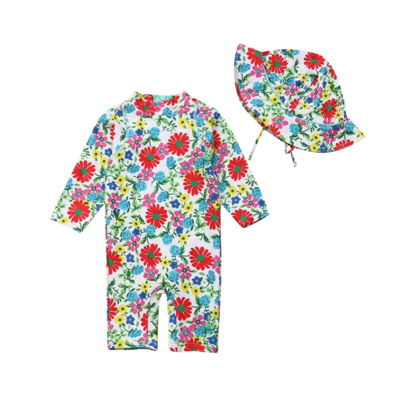 Trend Kinderen Meisje Bloemen Dinosaurus Patroon Badpak Een Stuk Zwemkleding Strand Goliday Zwemmen Kostuum Outfits Met Hoed: 1 / 110 CM