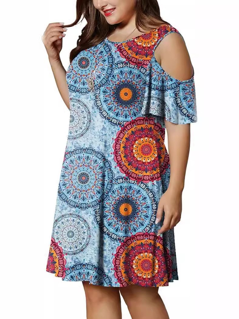 Plusstorlekar damklänning med rund hals och off-shoulder-tryck i stor storlek för kvinnor: 2xl / Blå