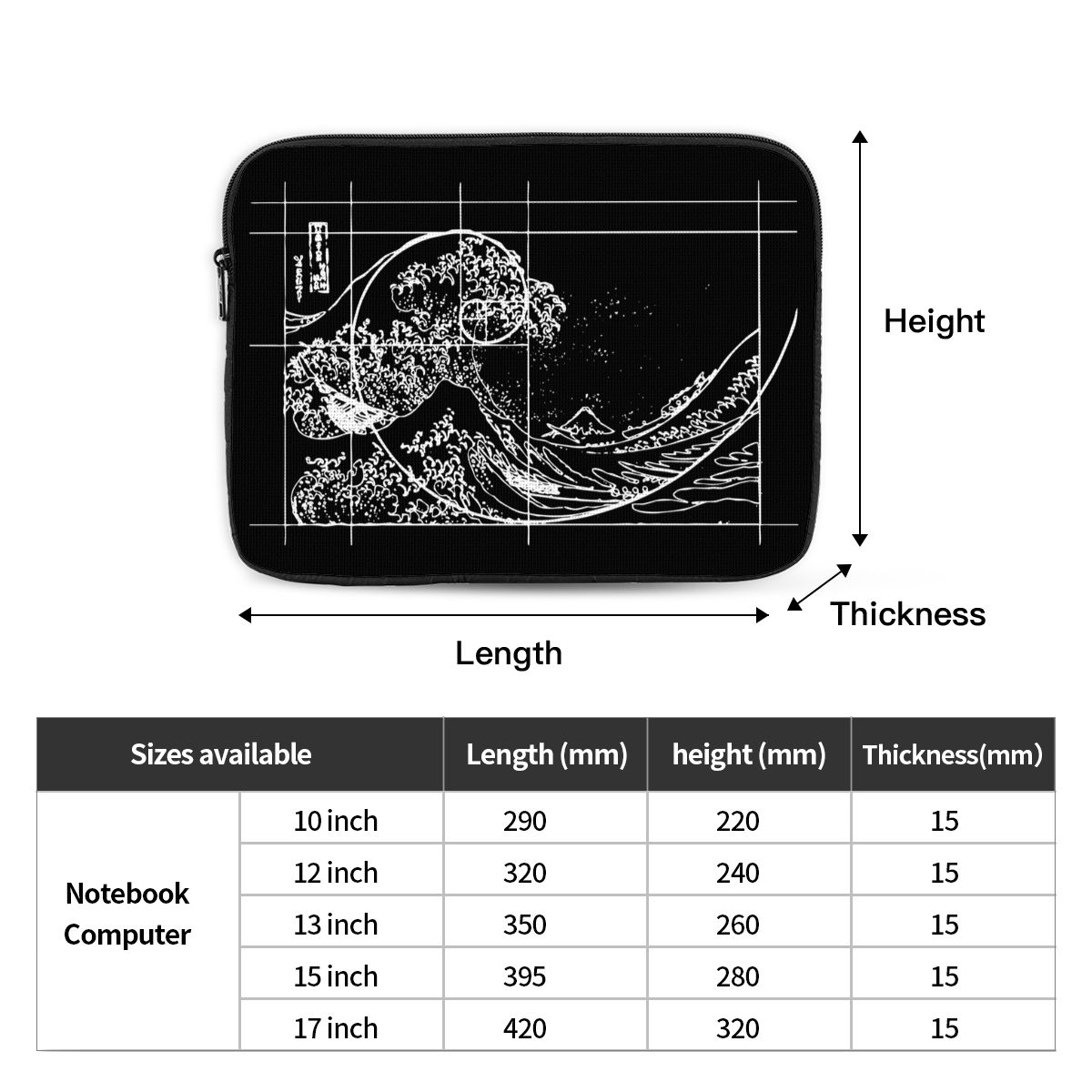 Torba na laptopa etui na notebooka Hokusai spotyka się z sekwencją Fibonacciego złoty podział rękaw komputerowy matematyka odporna na wstrząsy torba na Macbook
