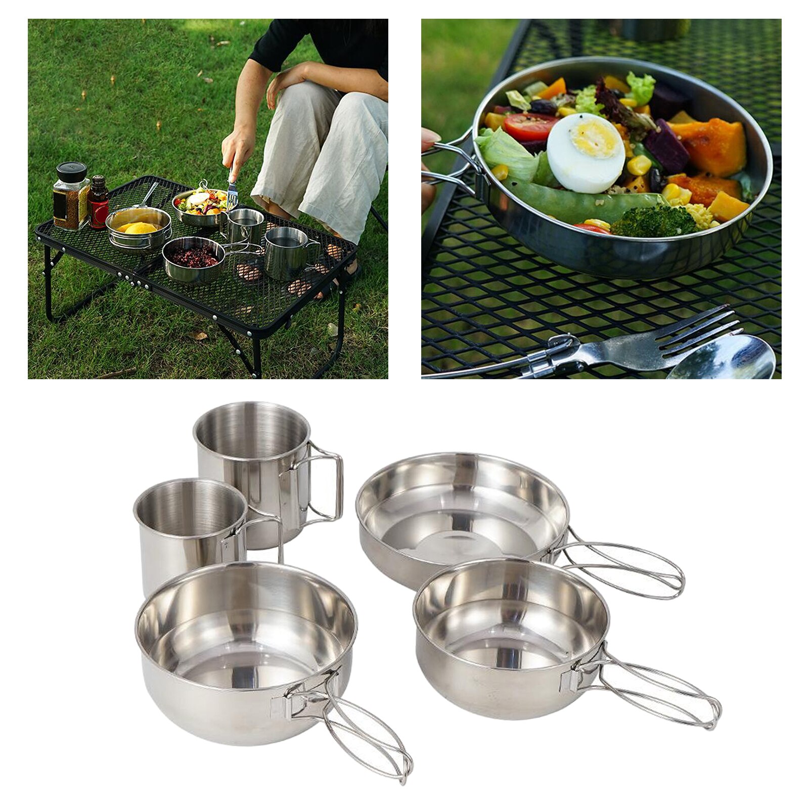 Ensemble de casseroles en acier inoxydable poli, vaisselle de table pour le Camping, comprend 5 pièces, tasses, bols