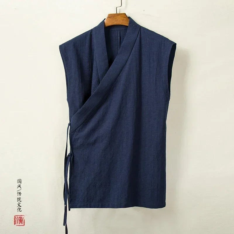 Roupas tradicionais chinesas hanfu colete masculino linho algodão sem mangas top masculino tang terno quimono cardigan