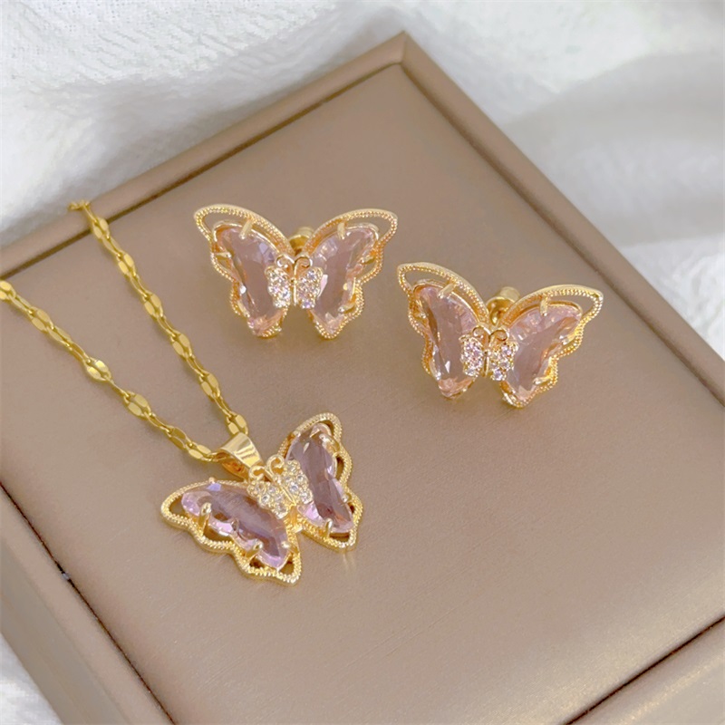conjuntos de joyas collares para mujer conjunto de joyeria para mujer Collar de pendientes de mariposa, joyería exquisita de , collar clásico Retro, cristal transparente, cadena de clavícula de acero inoxidable: Amarillo claro