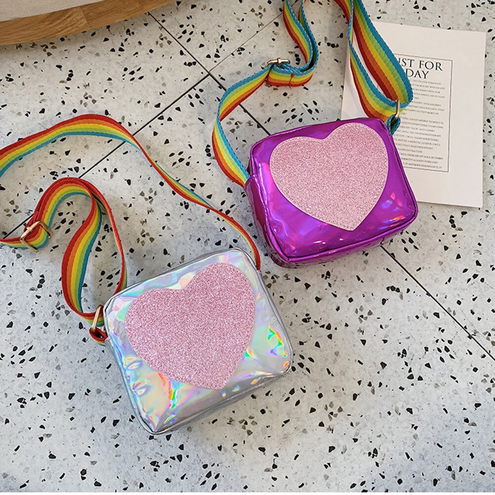 Women Sequins Love Heart Handbag Kids Bag Messenger Shoulder Bag Rainbow Shoulder Strap Crossbody Bag Lovely Wallet for Girls