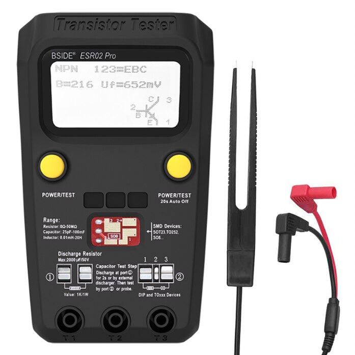 Digital transistor esr 02 pro tester smd komponenter diode triode motstand kondensator induktor meter multimeter med pinsett: Esr 02 pro-svart-klipp