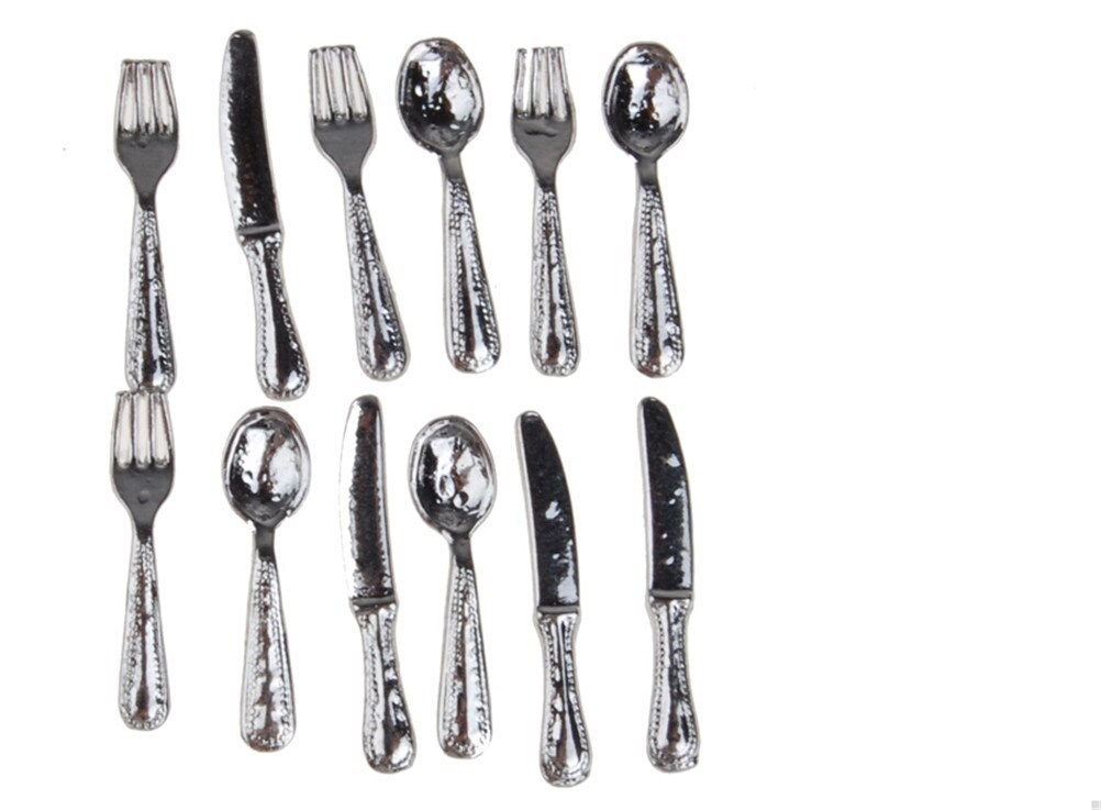 12Pcs 1/12 Dollhouse Miniature Stainless Steel Tableware Set knife spoon fork Classic Pretend Play Kitchen Furniture Toy: Silver