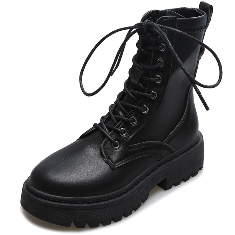 Botas zapatos de mujer Botines de de lujo mujer botas de tacón bajo-Mujer punta redonda damas Goma de Rock media pantorrilla