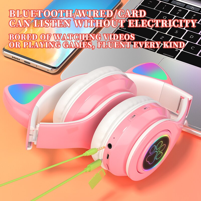 Roze Gaming Led Kat Ear Hoofdtelefoon Bluetooth Noise Cancelling Kids Meisje Headset Ondersteuning Tf-kaart Fm Radio Met Microfoon Draadloze + Bedrade