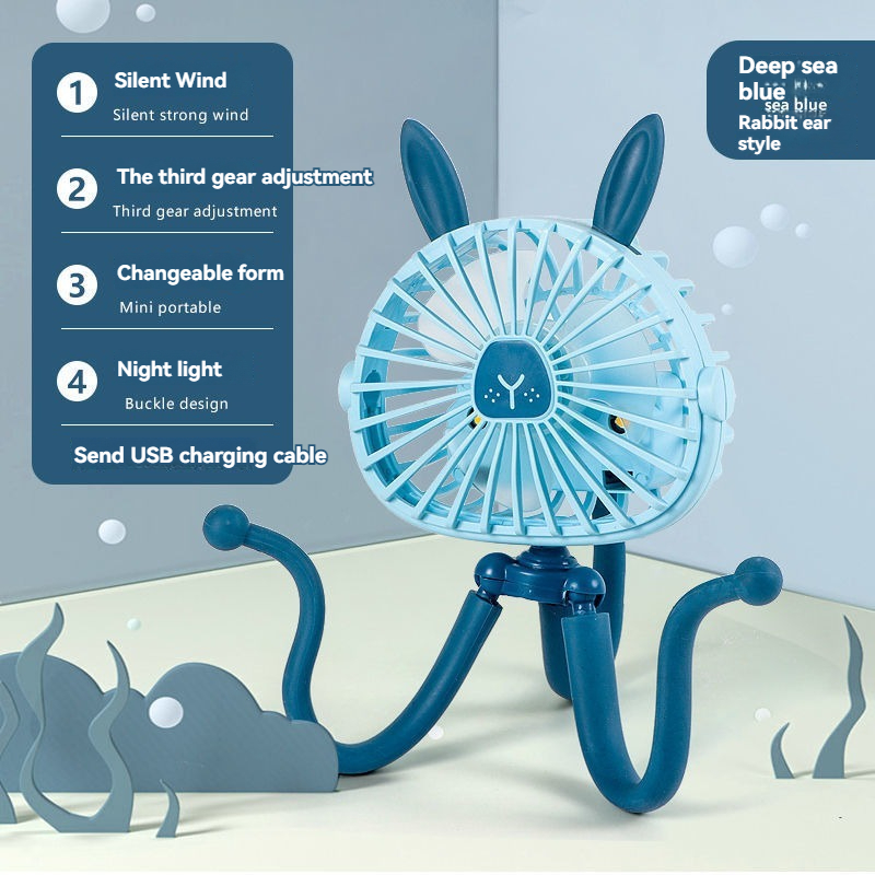 Ventilador eléctrico de pulpo recargable por USB, ventilador para cochecito, cuna, ventilador pequeño silencioso portátil: Azul cielo