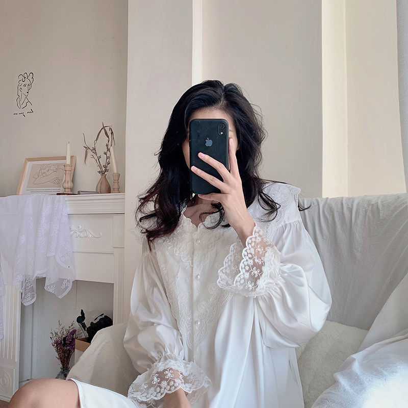 Camisola feminina renda doce manga comprida, camisola casual folgada coreana adorável mini vestido vintage branco com botões