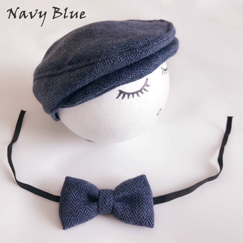 Chapeau bonnet à visière pour -né | Chapeau + nœud papillon, ensemble d'accessoires Photo, coton solide et mignon, 2 pièces,: Bleu marine