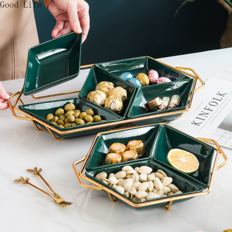 European-style Iron Art Ceramic Platter Diamond-shaped Fruit Plate Divided Cake Snack Nut Plates