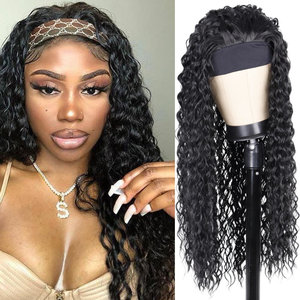 Synthetic Deep Wave Wigs with Head Wraps Short Bob Curly Headband Wigs for Black Women Kinky Curly Head Band Wig Peruca Cosplay: Natural Color