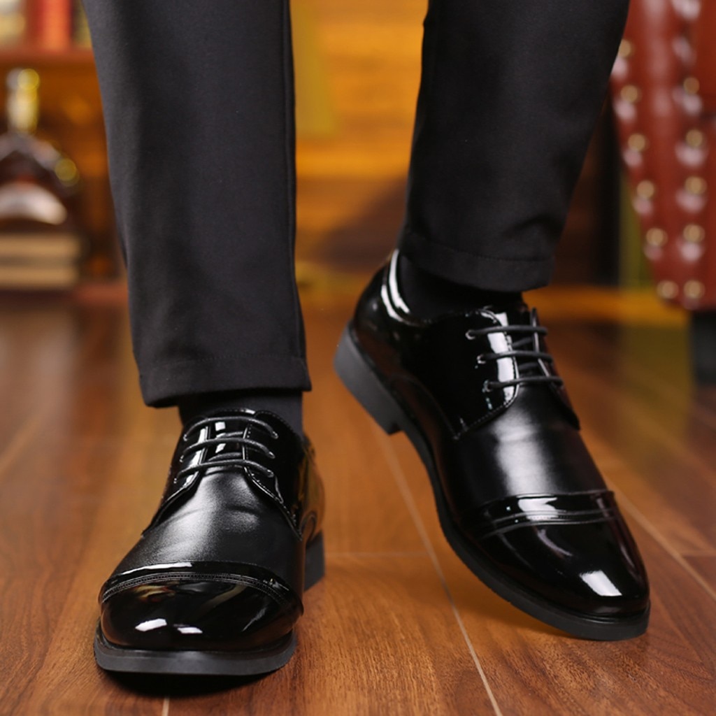 Black Leather Boots Men High Heel Pointed Toe Lace-up Boots Business Wear Square Heel Shoes No Grinding The Feet G3
