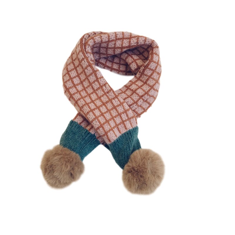 Écharpe tricotée à pompon en fausse fourrure pour enfants, écharpe d&#39;hiver à carreaux pour garçons et filles, cache-cou, accessoires pour bébés: B