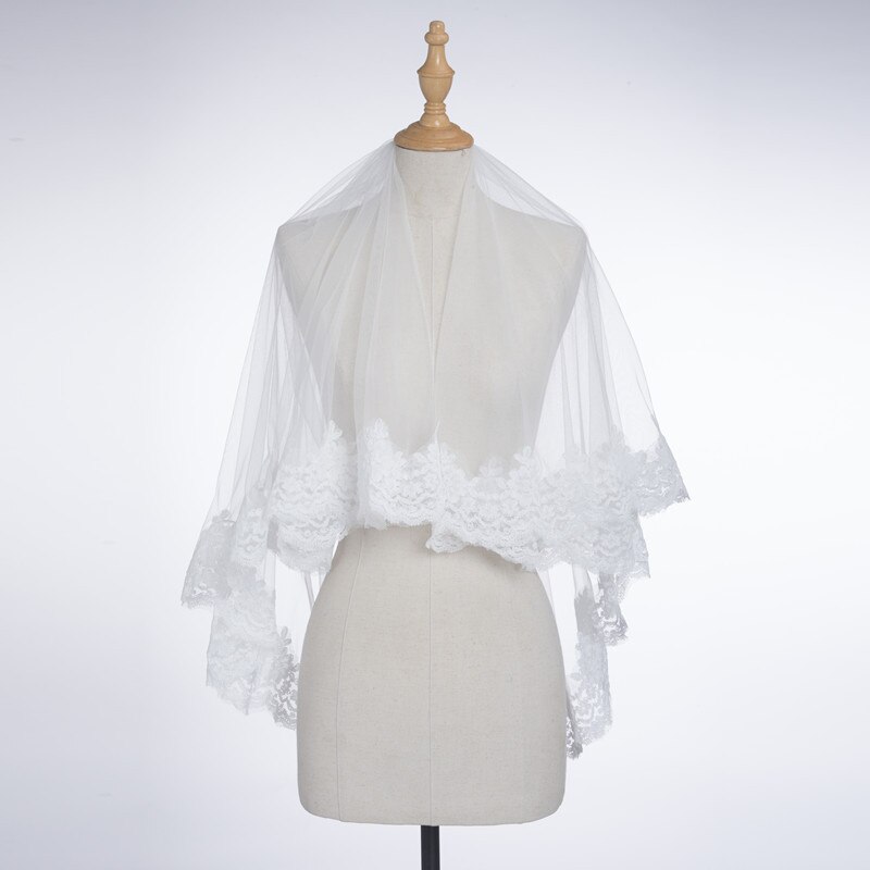 Op voorraad goedkope korte bruidssluiers wit/ivoor eenlaags kant bruidssluiers bruidsaccessoires veu de noiva