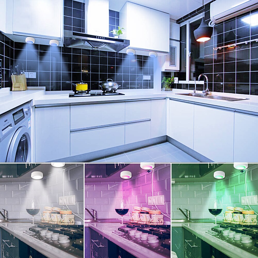 Dimmable RGB LED Lights Kitchen Lamp Touch Sensor Wardrobe/Closet/Cabinet Night Light Puck Light with Remote Controller 12 Color