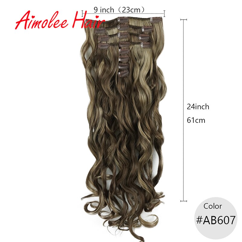 24 pulgadas 8 unids/set Natural largo ondulado rubia rojo destacar sintético postizo de Clip en extensiones de cabello 16 Clip de alta temperatura: AB607