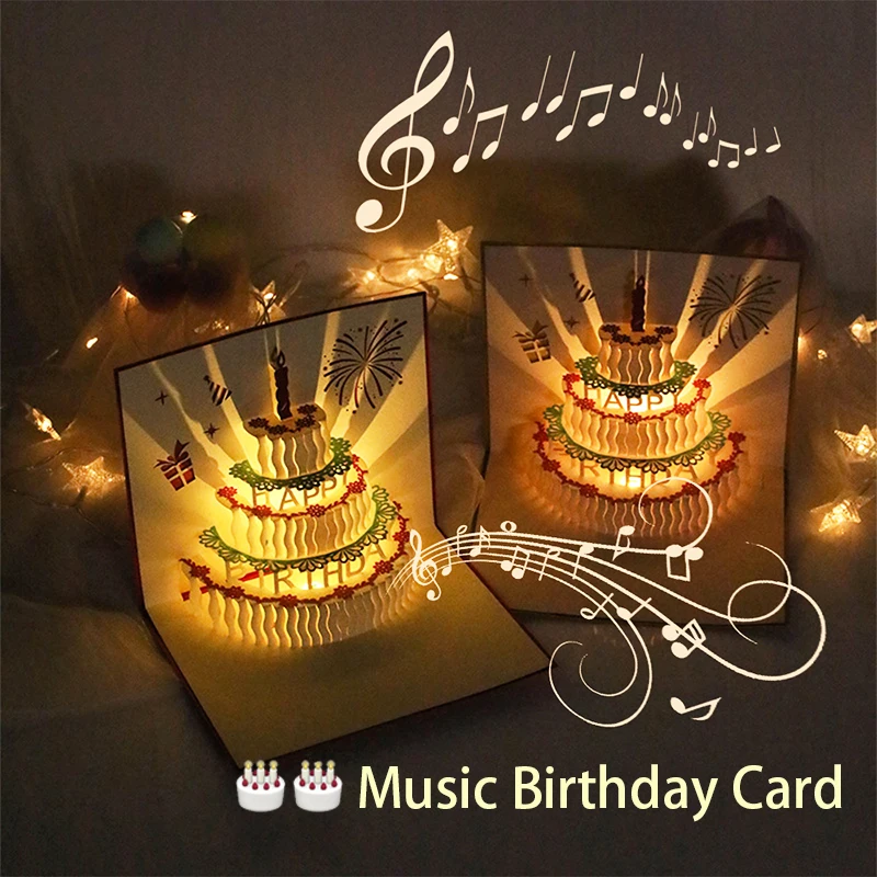 3D-Geburtstagskarte mit leichter Musik, Pop-Up-Kuchen, kreative Grußkarte, alles Gute zum Geburtstag, Party, , Nachrichtenkarten