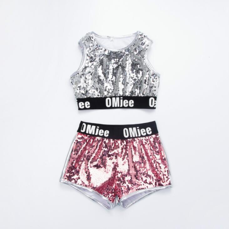 Costume de concours de danse Jazz Hip Hop pour filles, débardeur, short, veste, manteau pour enfants, vêtements de scène: Tops and Pants / 100cm-110cm