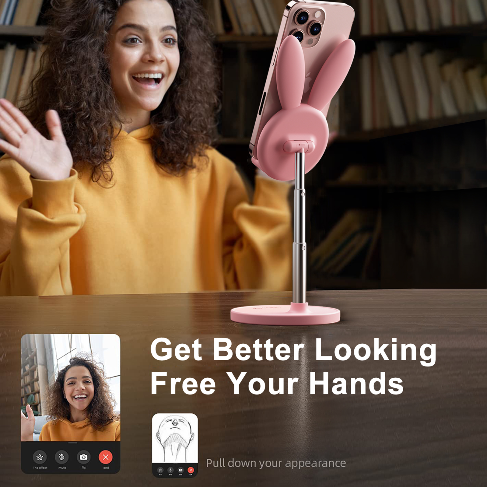 Oatsbasf Cute Cell Phone Stand for Desk, Angle Height Adjustable Bunny Phone Holder Stand, for All Mobile Phones, Tablets