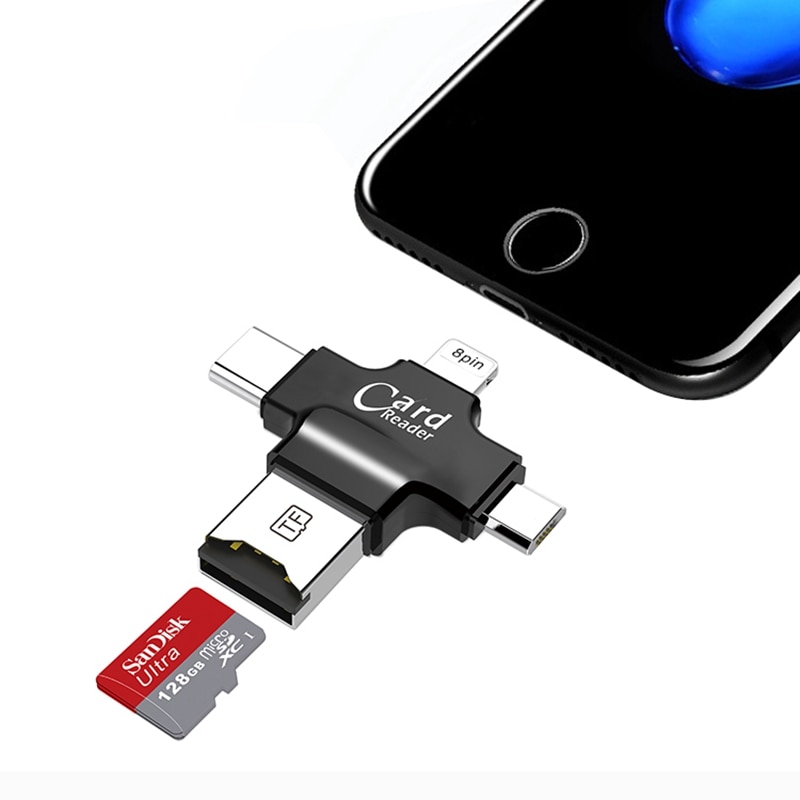 Kismo 4 in 1 Micro SD Memory Card Reader Lightning/Type-C OTG Card Reader for iphone 6 7 8 Plus Samsung S8 S9 OnePlus 5 6