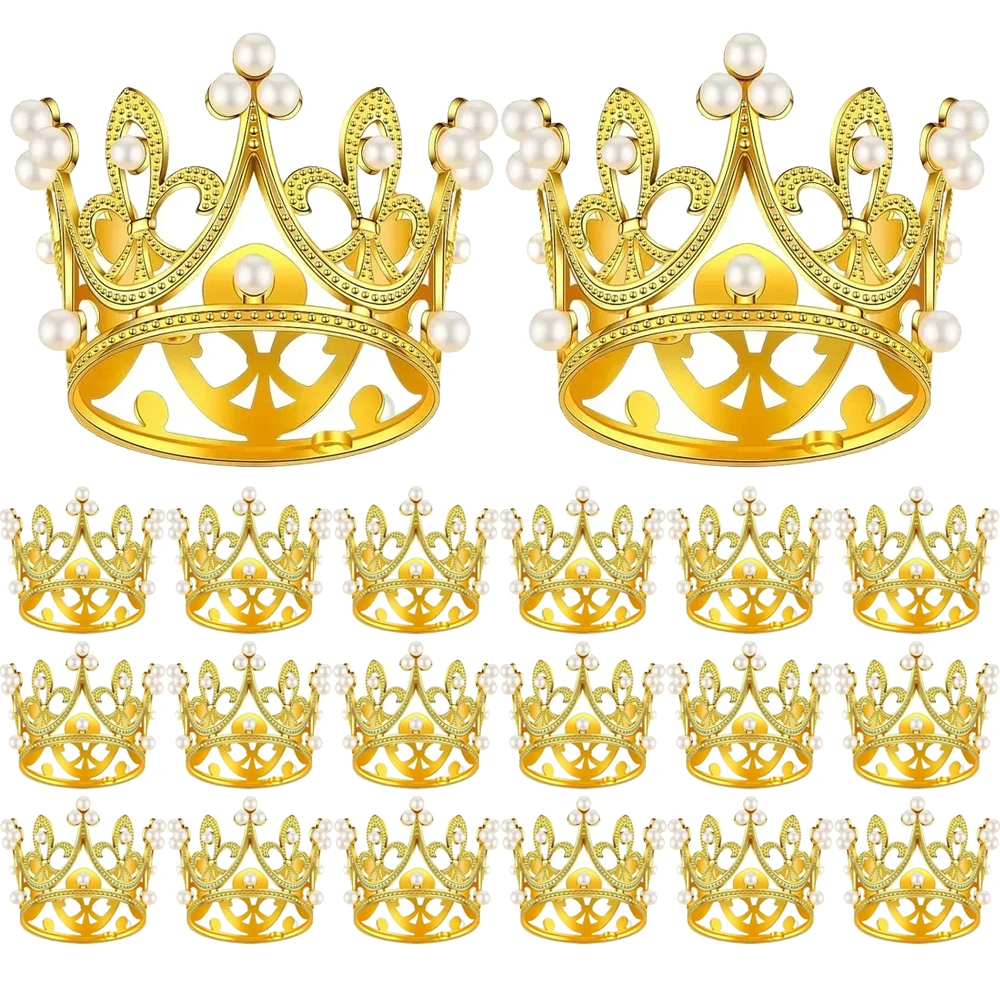 30/1Pcs Gold Crown Cake Topper Mini Pearl Tiara Crown Cupcake Topper For Flower Bouquets Baby Shower Birthday Party Decoration