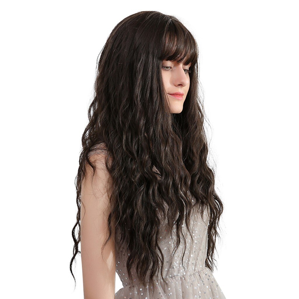 Pelucas de mujer de 26 "de largo color marrón mixto con flequillo, resistentes al calor y con ondas al agua, estilo africano y americano