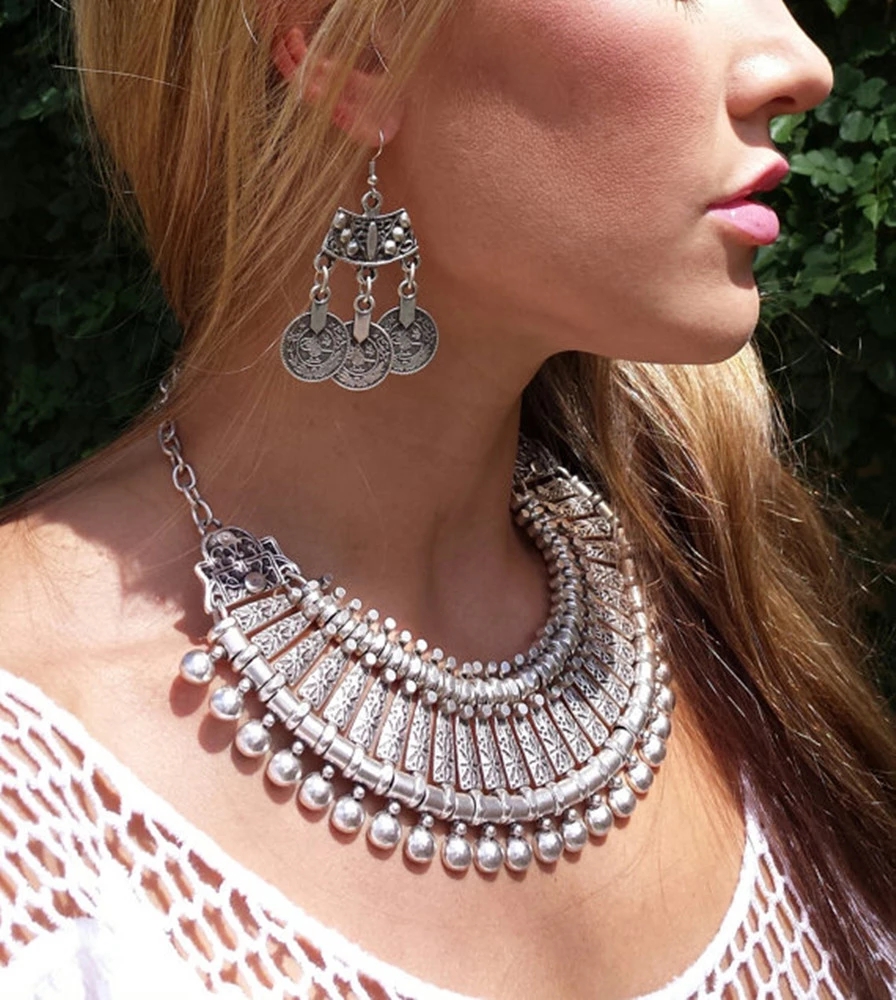 Gypsy Boehmian Hippie Kraag Kettingen voor Vrouwen Grote Dikke Tibetaans Zilveren Metalen Ketting Festival Turkse Partij Sieraden Cadeau