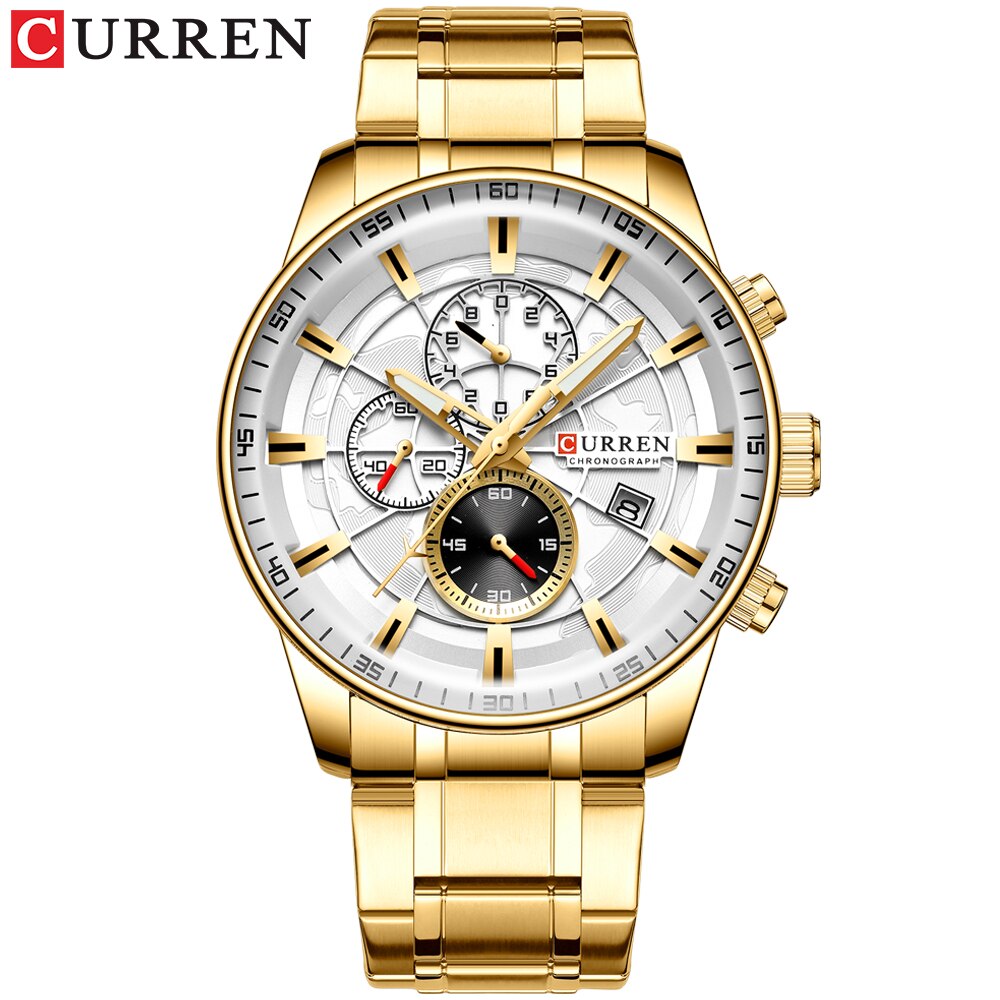 Curren Horloges Heren Mode Sport Horloge Met Chronograaf Lichtgevende Handen Klok Mannelijke Horloge Blauw Rvs Band: gold