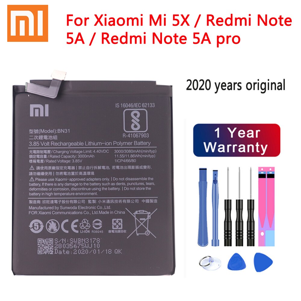 Xiaomi 100% batería Original para Xiaomi Redmi 4A Nota 5 5A 5 5 Plus Nota 6 Pro 4 Pro 6 Pro 8 Pro Mi 5S Mi 8 teléfono móvil F1 batería: BN31 Redmi Note 5A