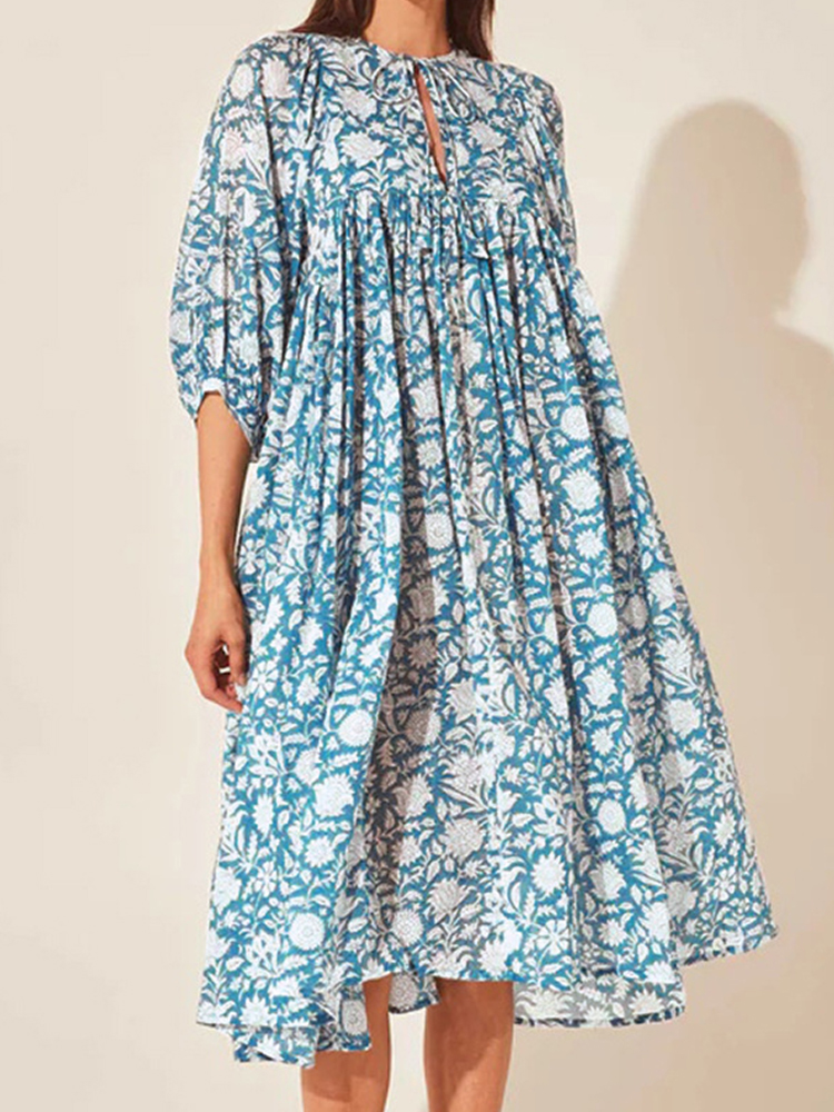 Oversized Casual Loose Dresses Women Summer Floral Printed Long Dresses Lantern Sleeve Boho Beach Dress: S / Blue