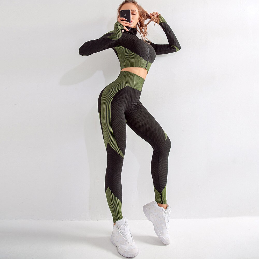 Nahtlose Yoga Kleidung Anzug Frauen Herbst und Winter Neue betroffen Hüften strecken Fitness Sport Yoga Kleidung trainieren einstellen: Grün Schwarz / L