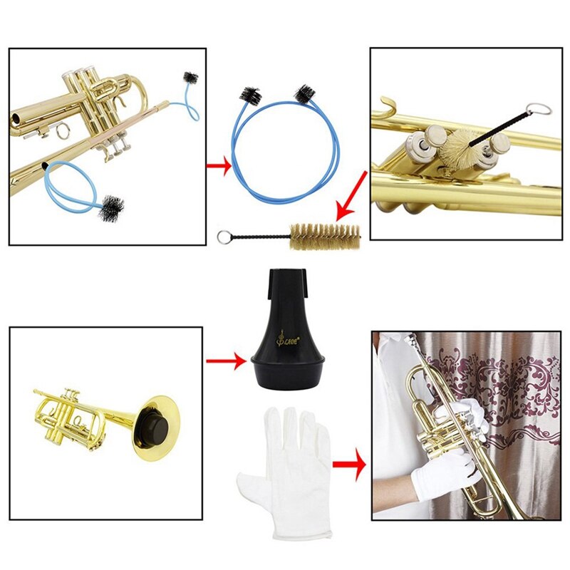 6 in 1 trompetvedligeholdelsesrengøringsværktøjssæt trompetstativ 1 stk børster + dæmpning + handsker sæt