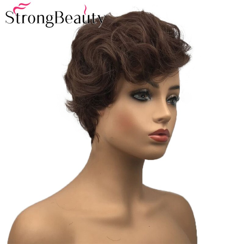 StrongBeauty Short Women Synthetic Capless Wig Pixie Cut Hair Asymmetrical Side Bang Short Curly Wigs