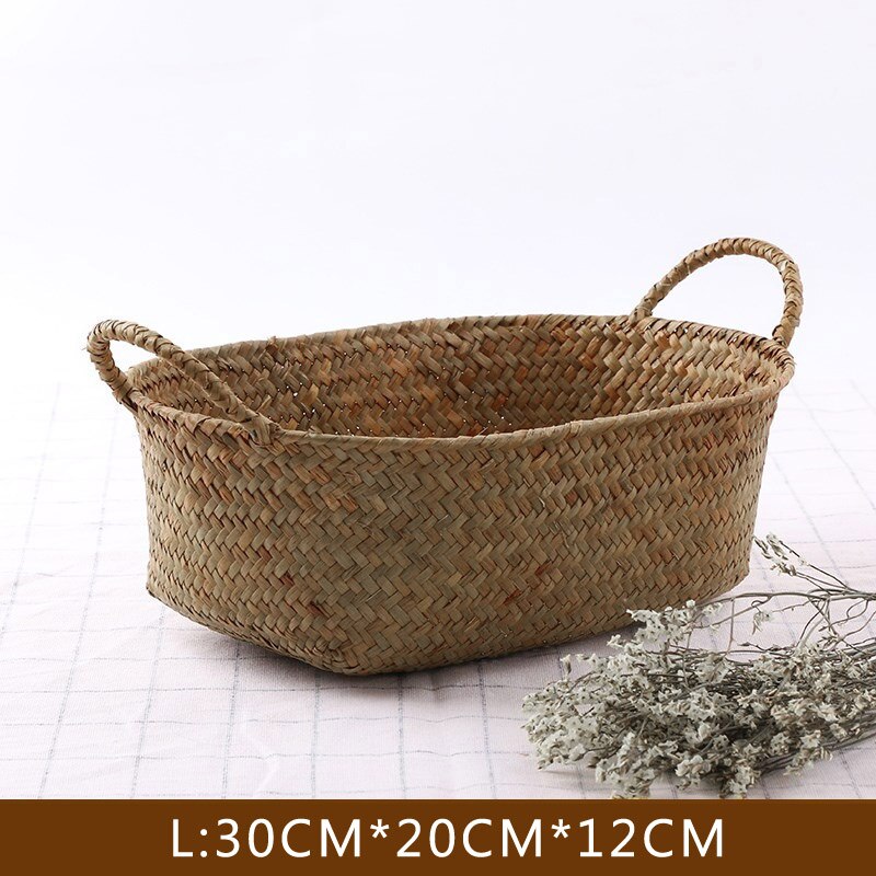 WHISM Handmade Woven Storage Basket Straw Food Picnic Basket Container Makeup Organizer Rattan Bread Fruit Holder Wicker Basket: L Size