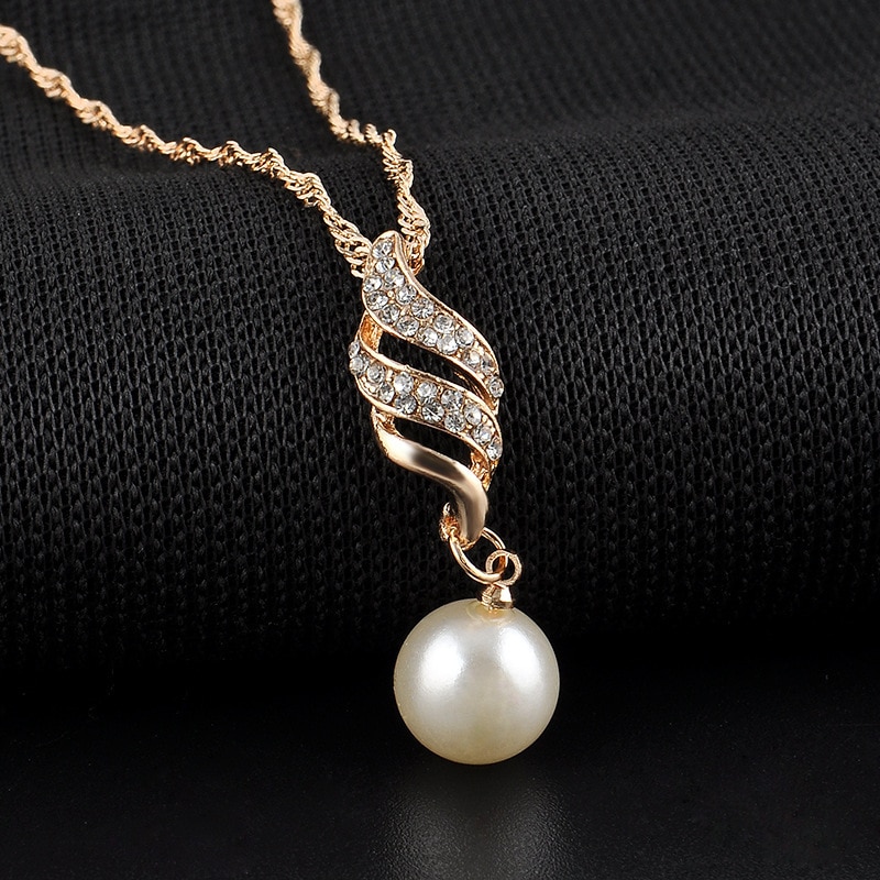 Fashionable simple pearl inlaid rhinestone earrings twist pendant necklace jewelry set bride wedding jewelry party