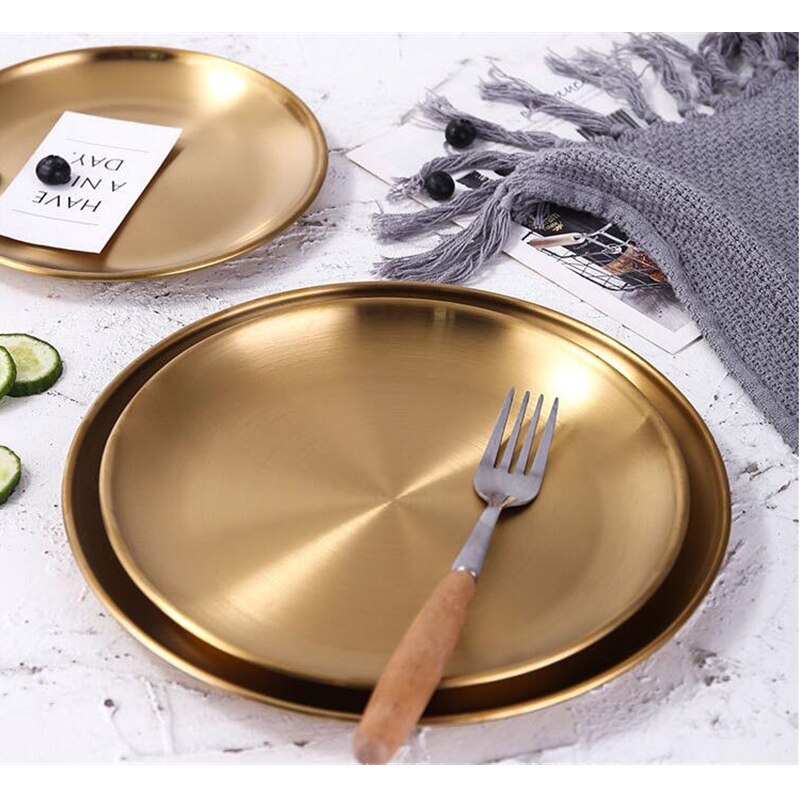 Diner Platen Europese Stijl Gold Dessertbord Keuken Serveren Gerechten Salade Ronde Plaat Cake Lade Westerse Steak Ronde Lade