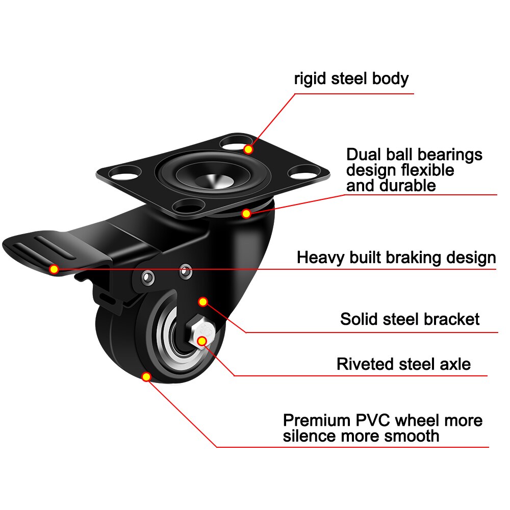 Office Chair Caster Wheels 2 inch Duty Plate Casters with Safety Brake No Noise Lockable 360 Degree Wheels Furniture Hardware