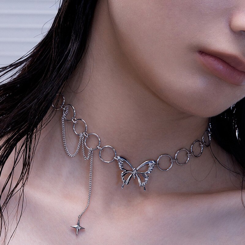 Huanzhi Punk Trendy Vlinder Cirkel Stiksels Cross Hanger Sleutelbeen Ketting Choker Ketting Voor Vrouwen Party Accessoires