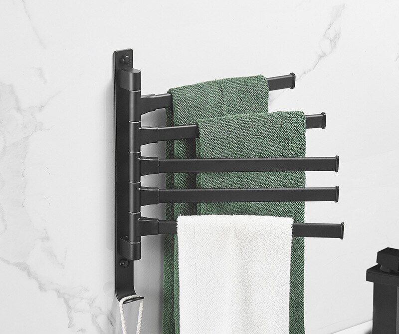 Aluminum Bath Towel Bar Black Rotating Towel Rack Bathroom Kitchen Wall-mounted Towel Holder Bar Shelf Bathroom Accessories: 5 Rods