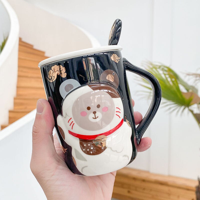 400ml tegneserie heldig kat krus kinesisk keramik kop med låg og ske kaffe krus med håndtag sød kattemælk te kop: C