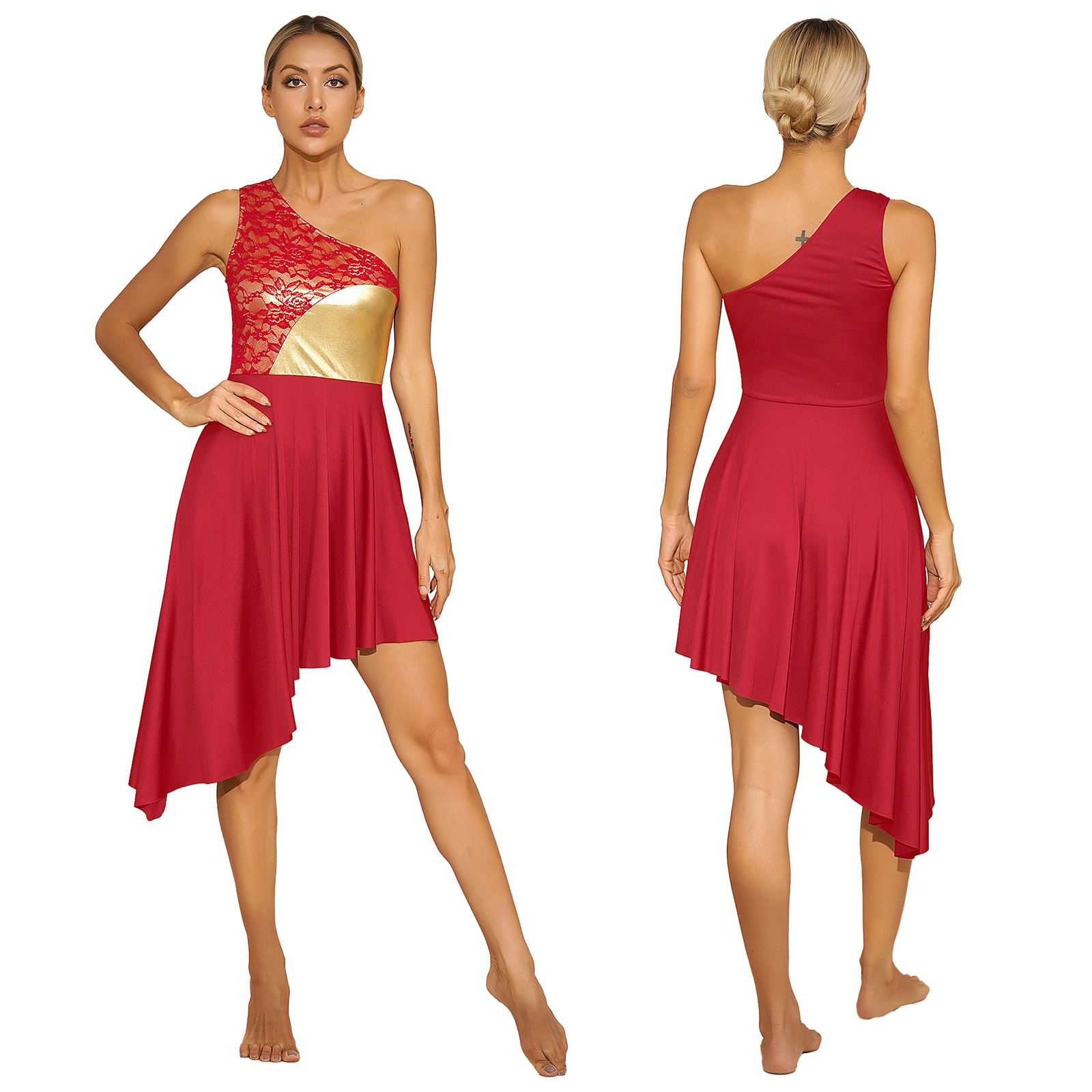 Womens Moderne Lyrische Wals Ballroom Dance Dress Kerkkoor Lof Kostuum Één Schouder Asymmetrische Zoom Jurken Danskleding: M / Goud
