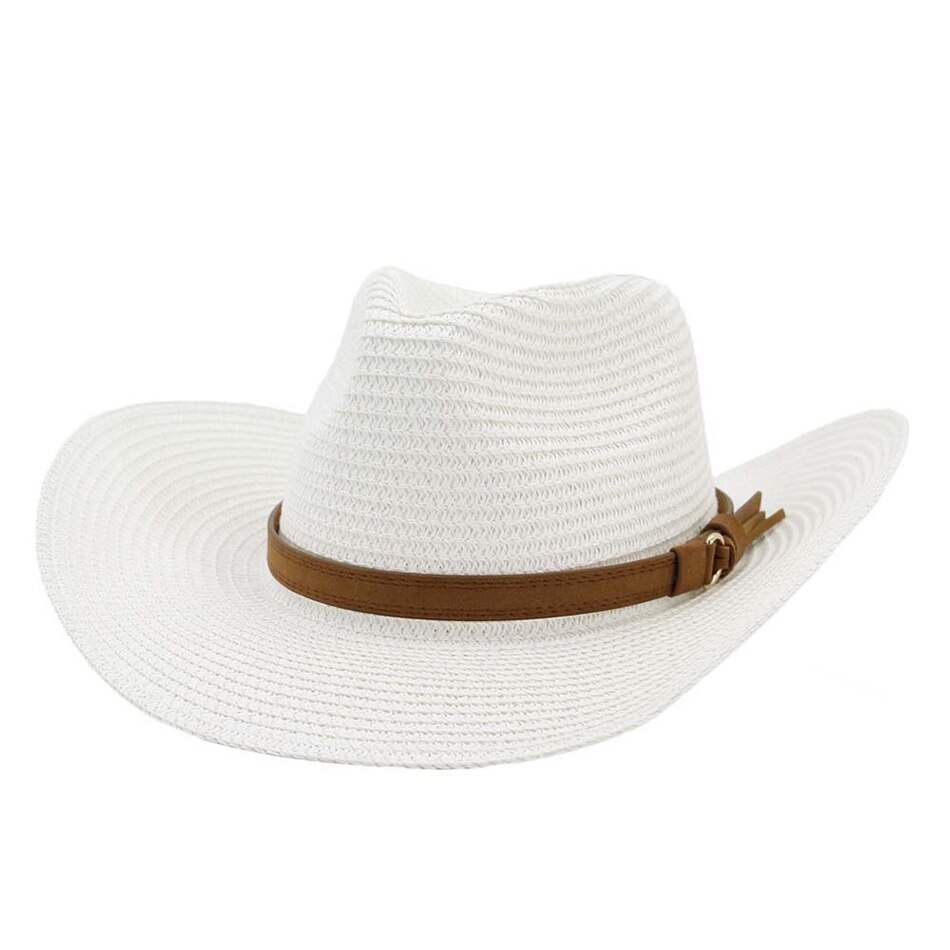 HOAREE, sombrero de vaquero de verano para hombre, sombrero de paja azul marino para el sol con cinturón, sombrero ancho Vintage para mujer, gorros de vaquera para decoración de playa, sombreros UV: White